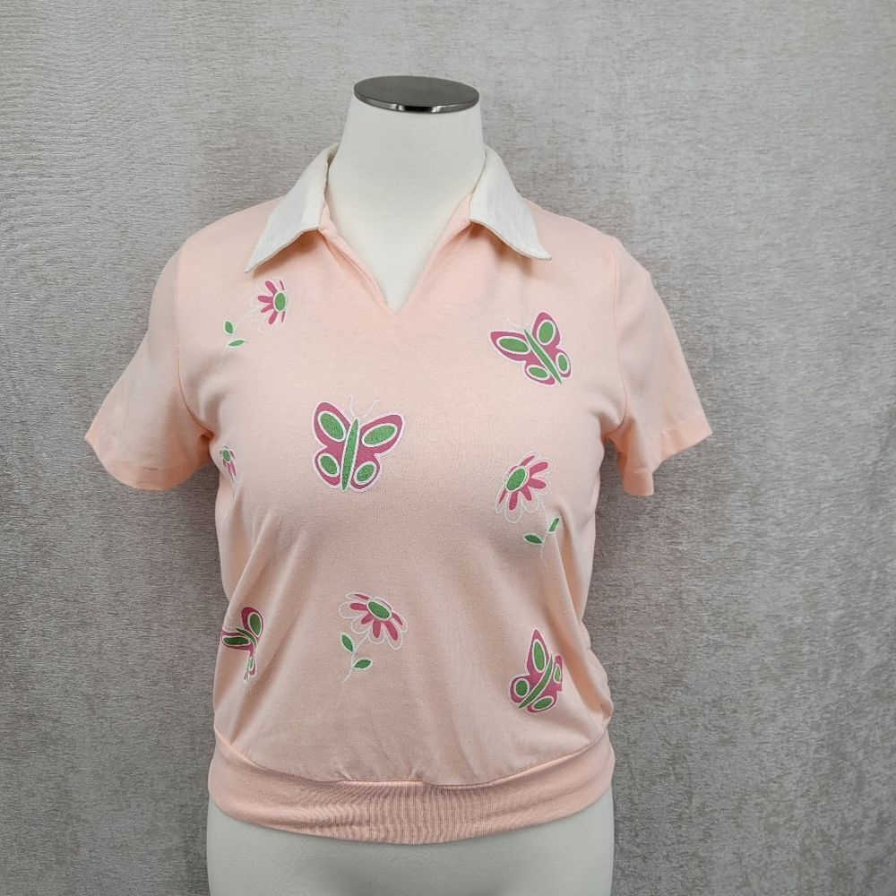 Haband Vintage Peach Floral Women's Top Cottagecore Spring Deadstock Blouse Tee